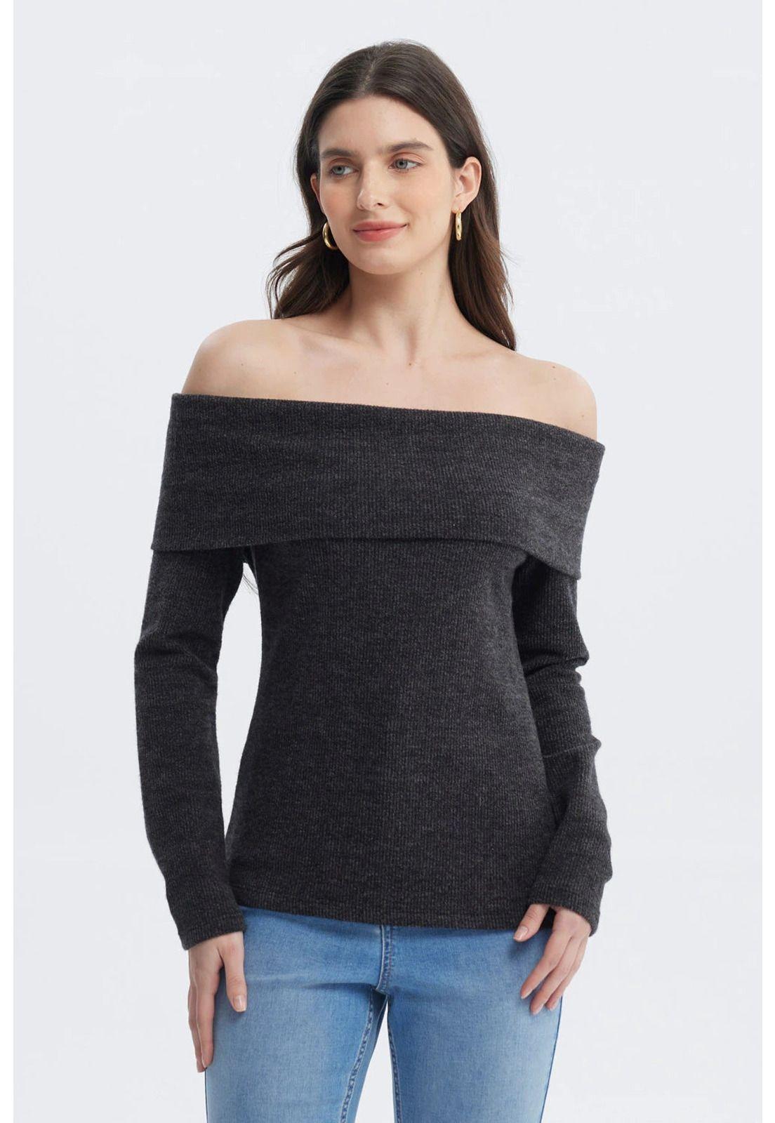 Sweater Mujer Slim Hombro Descubierto Negro-0