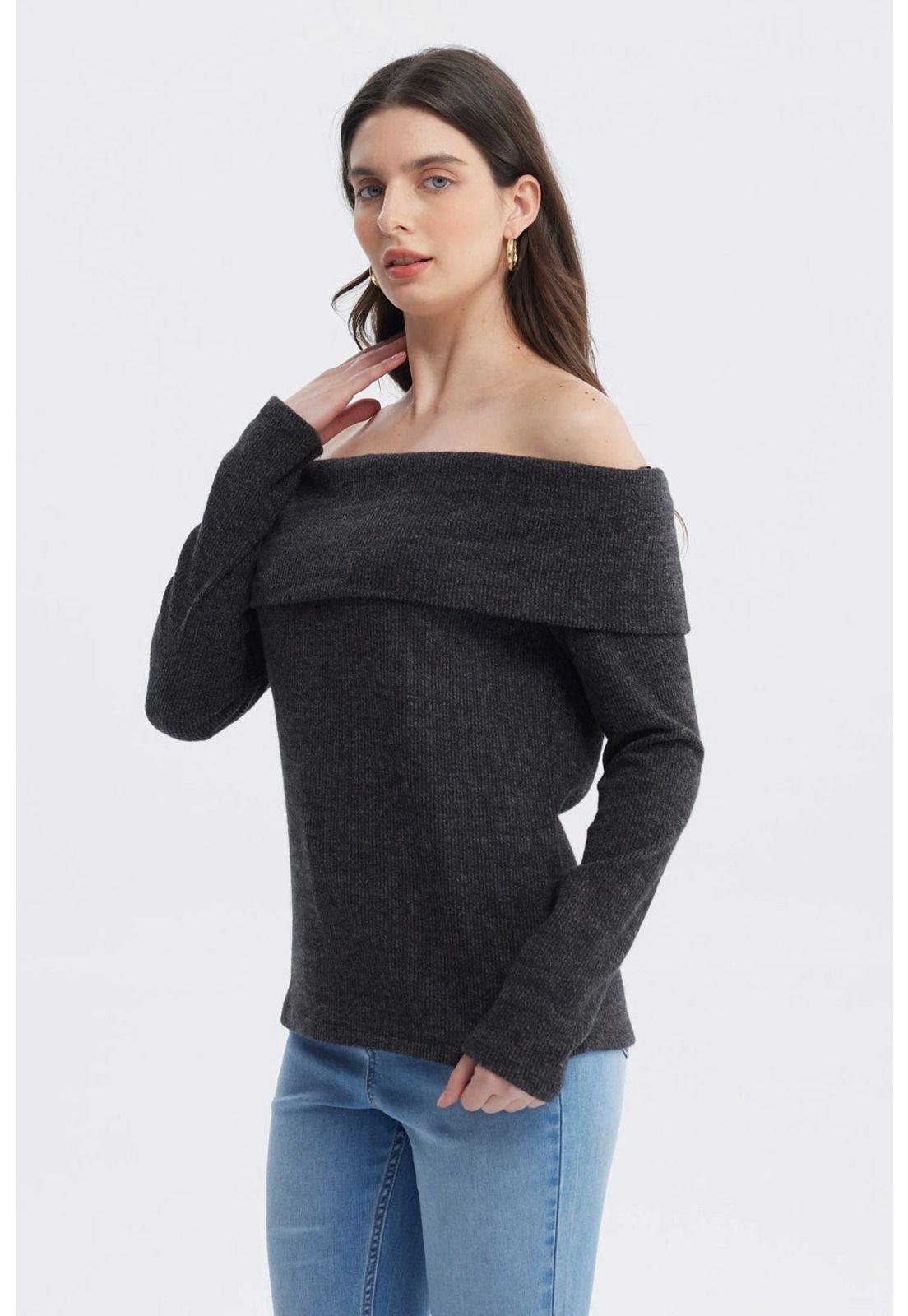 Sweater Mujer Slim Hombro Descubierto Negro-1