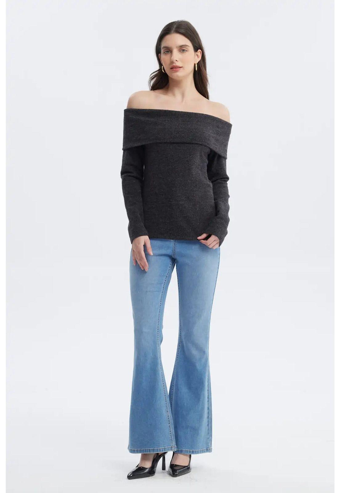 Sweater Mujer Slim Hombro Descubierto Negro-3