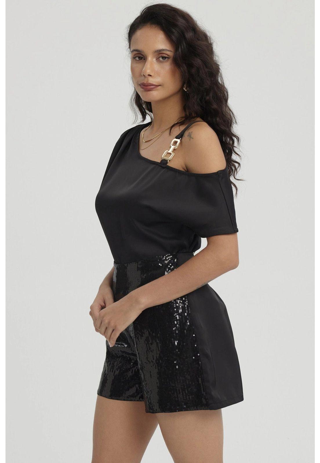 Blusa Mujer Hombro Caído Y Aplicación Negro-1