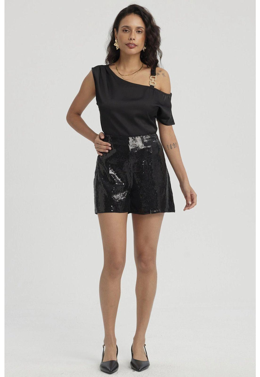 Blusa Mujer Hombro Caído Y Aplicación Negro-3