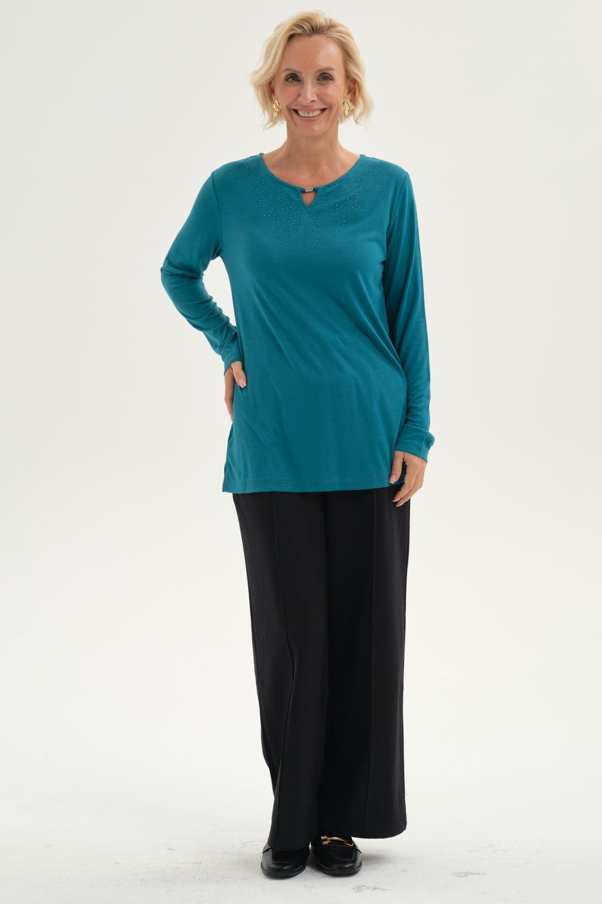 Polera Mujer Lisa Manga Roll Up Turquesa-3