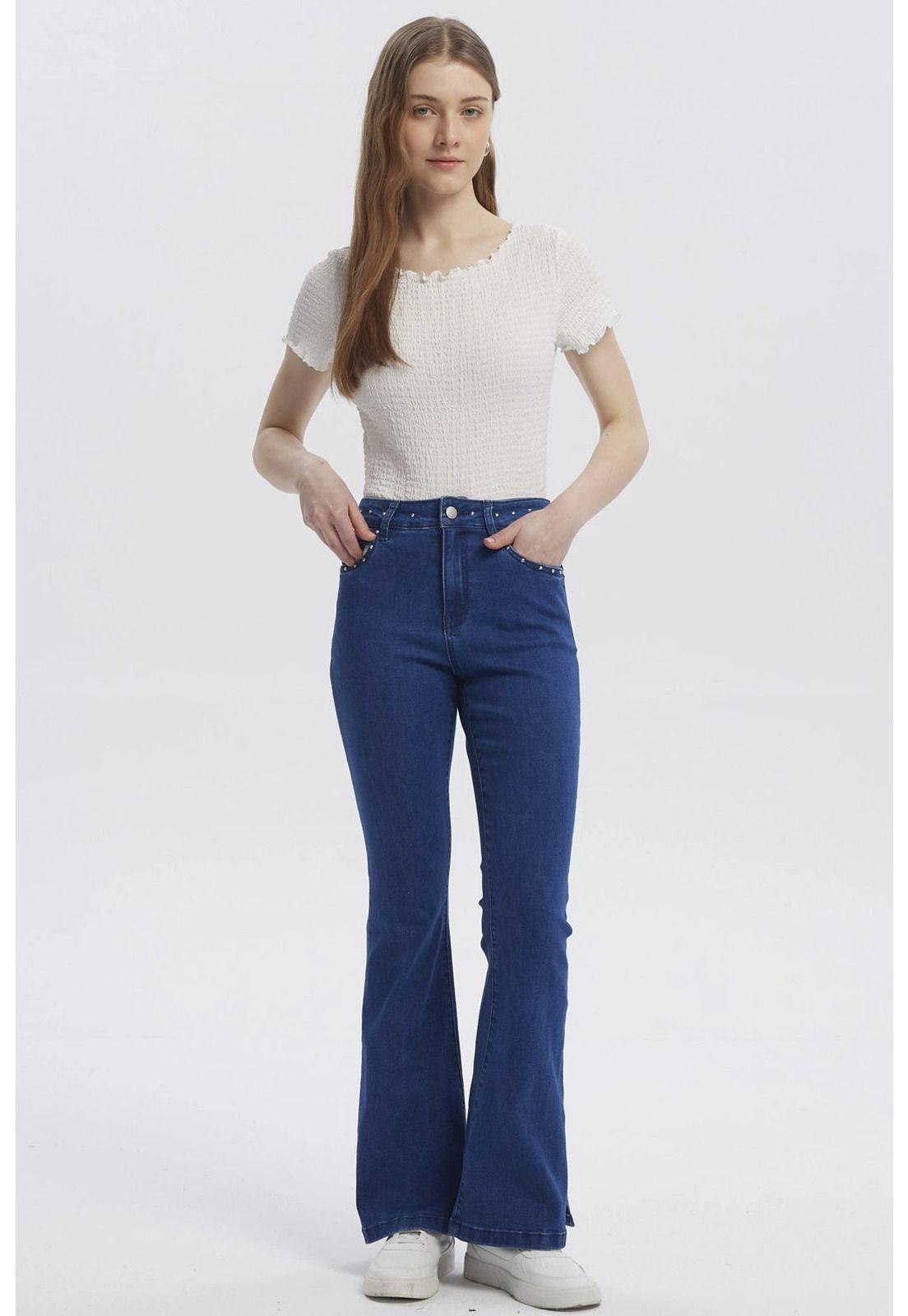 Jeans Mujer Moda Flare Azul Oscuro-3