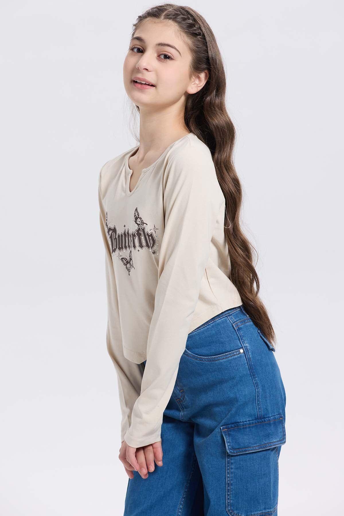 Polera Niña Crop Con Print Beige-1