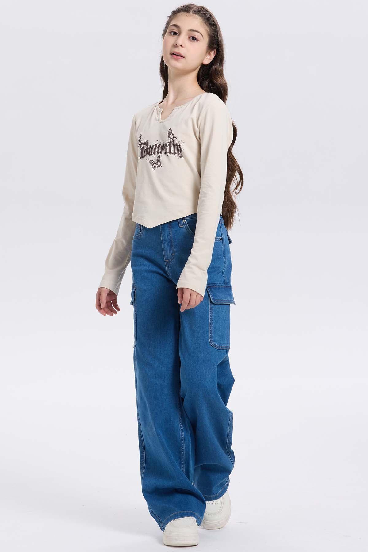 Polera Niña Crop Con Print Beige-3