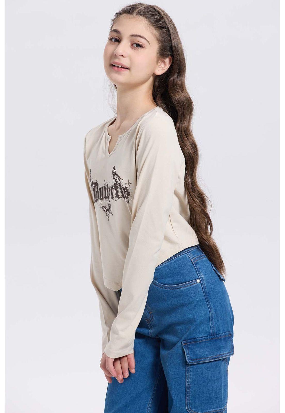 Polera Niña Crop Con Print Beige-1