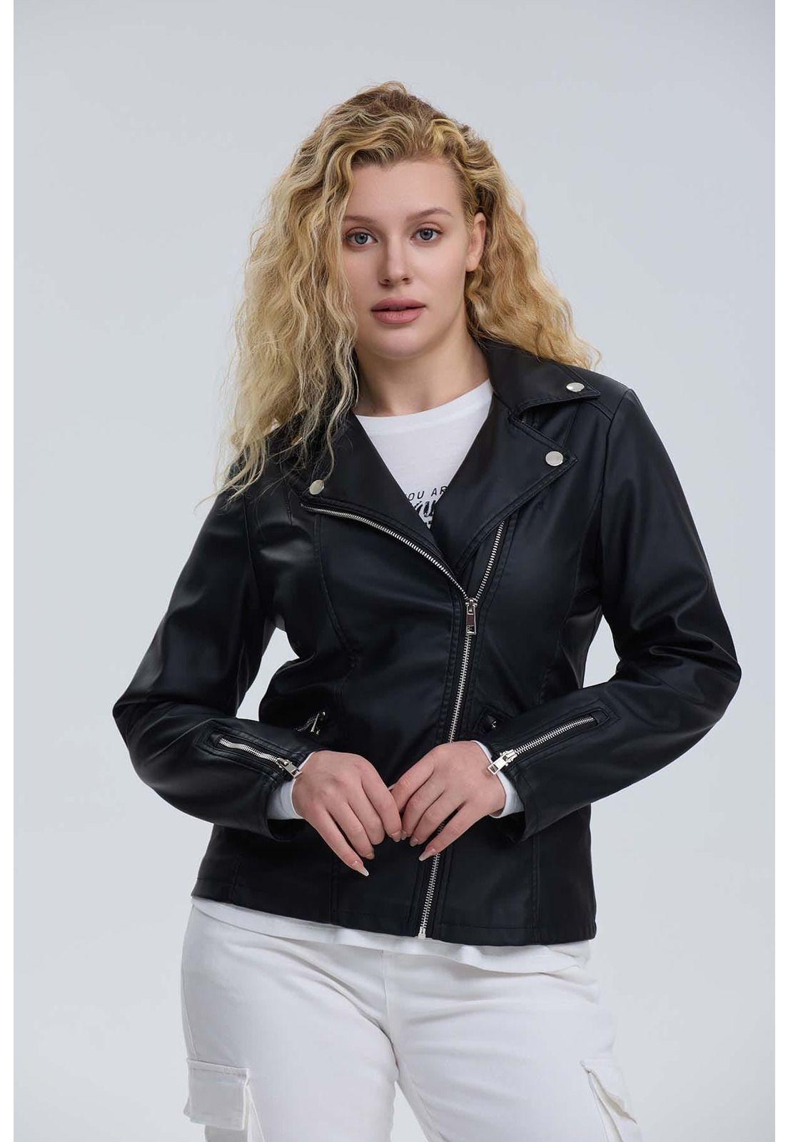 Chaqueta Mujer Biker Efecto Cuero Negro-0
