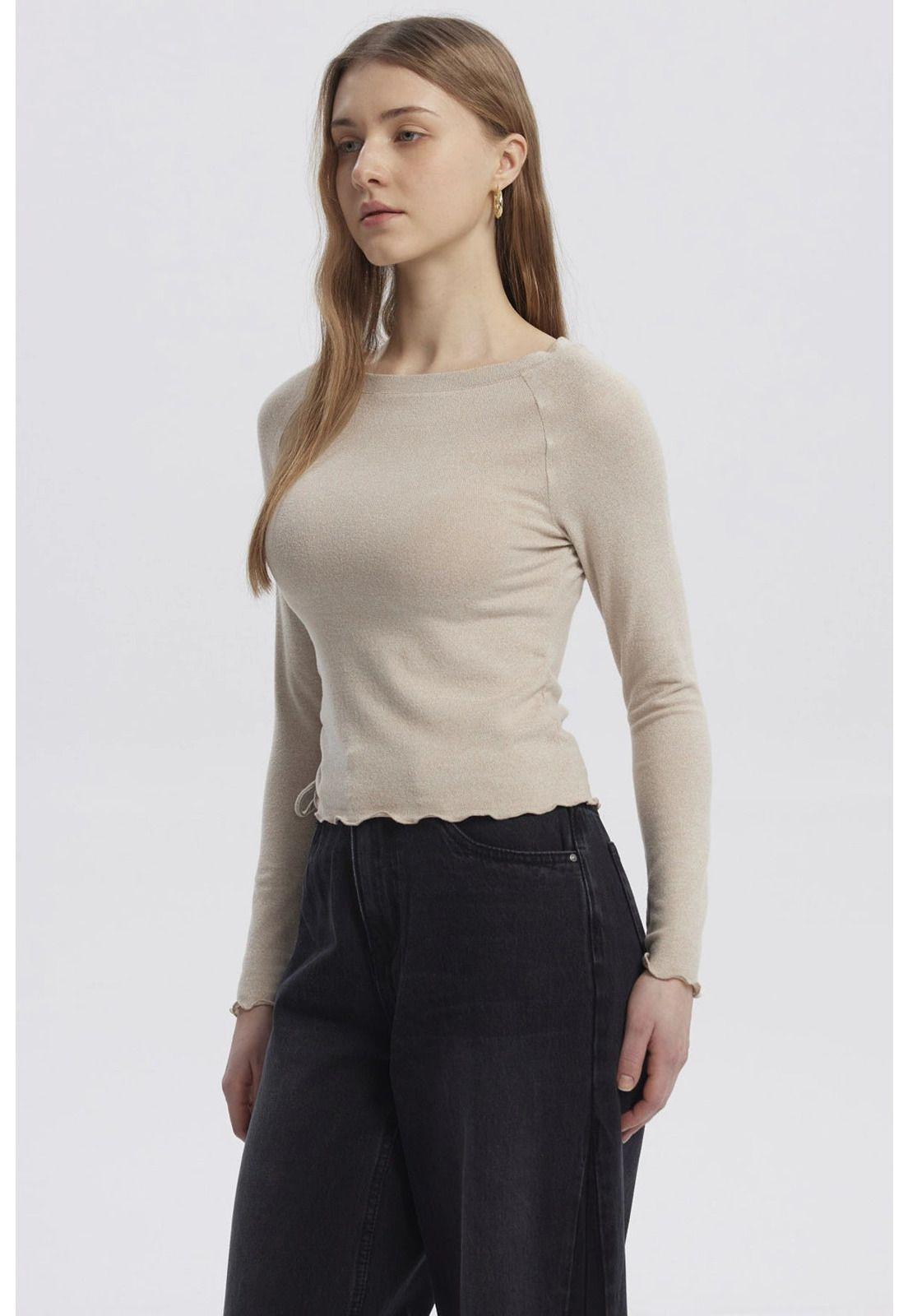 Polera Mujer Juvenil Cuello Bote Recogido Beige-1