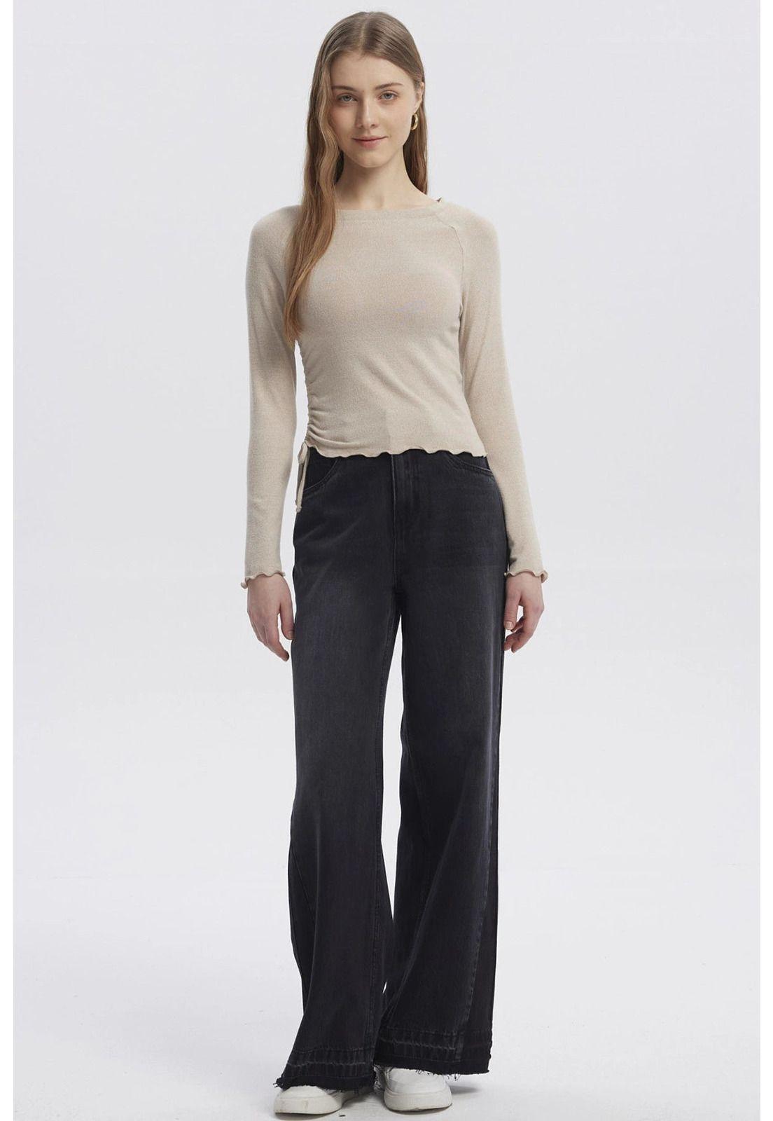 Polera Mujer Juvenil Cuello Bote Recogido Beige-3