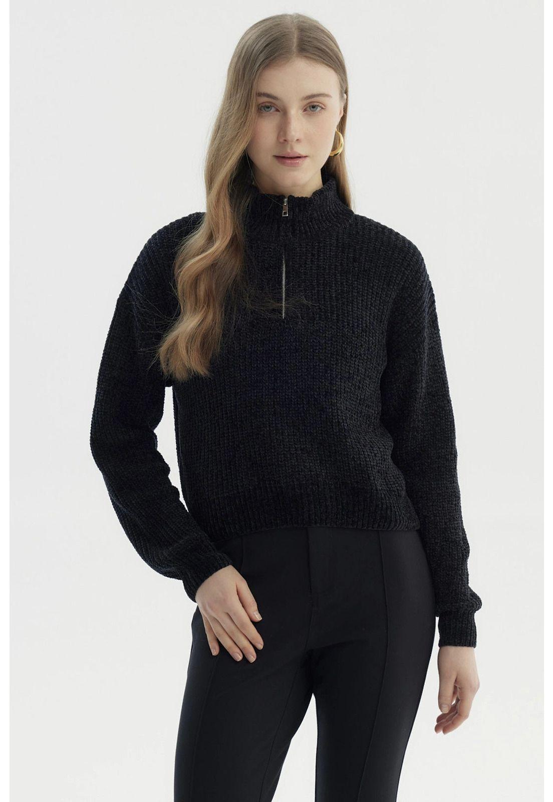 Sweater Mujer Half Zipper Negro-0