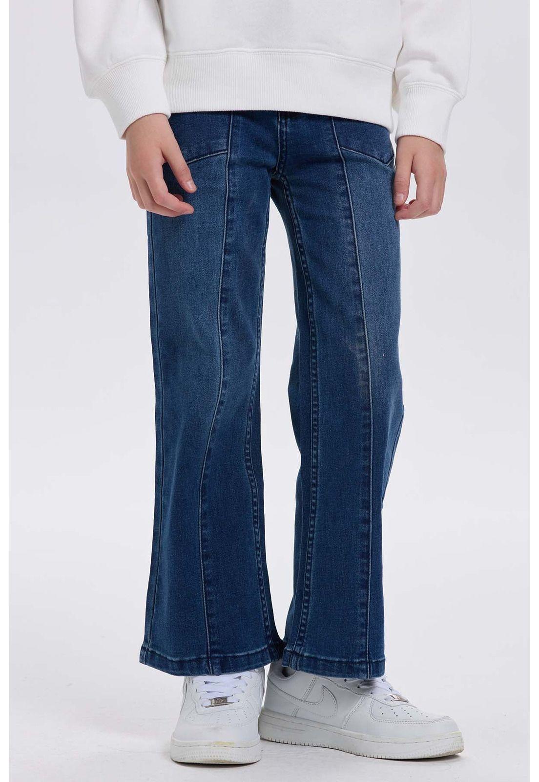 Jeans Niña Con Costura Y Bolsillo Calce Recto Azul-0