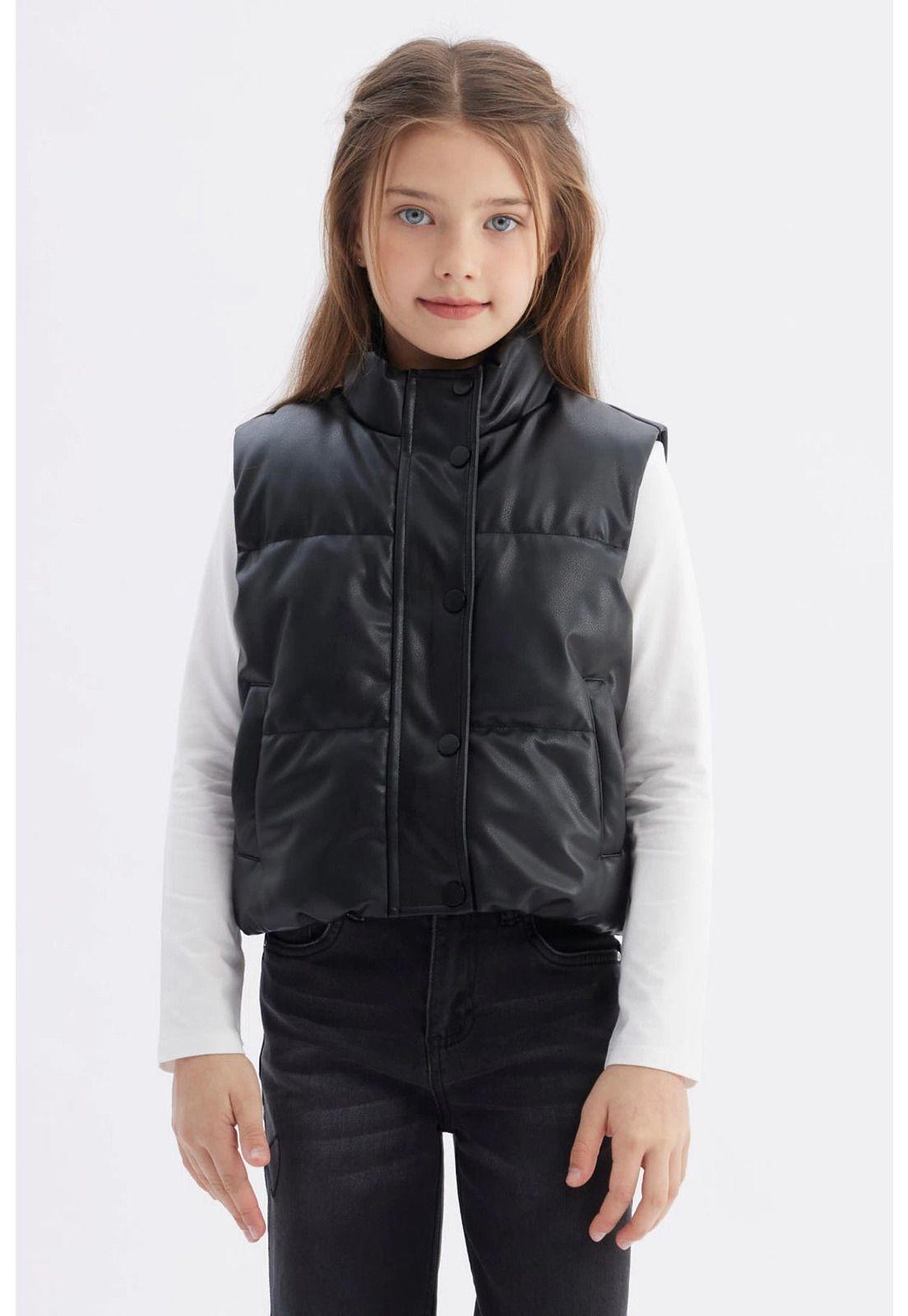 Parka Niña Efecto Cuero Negro - ll-0