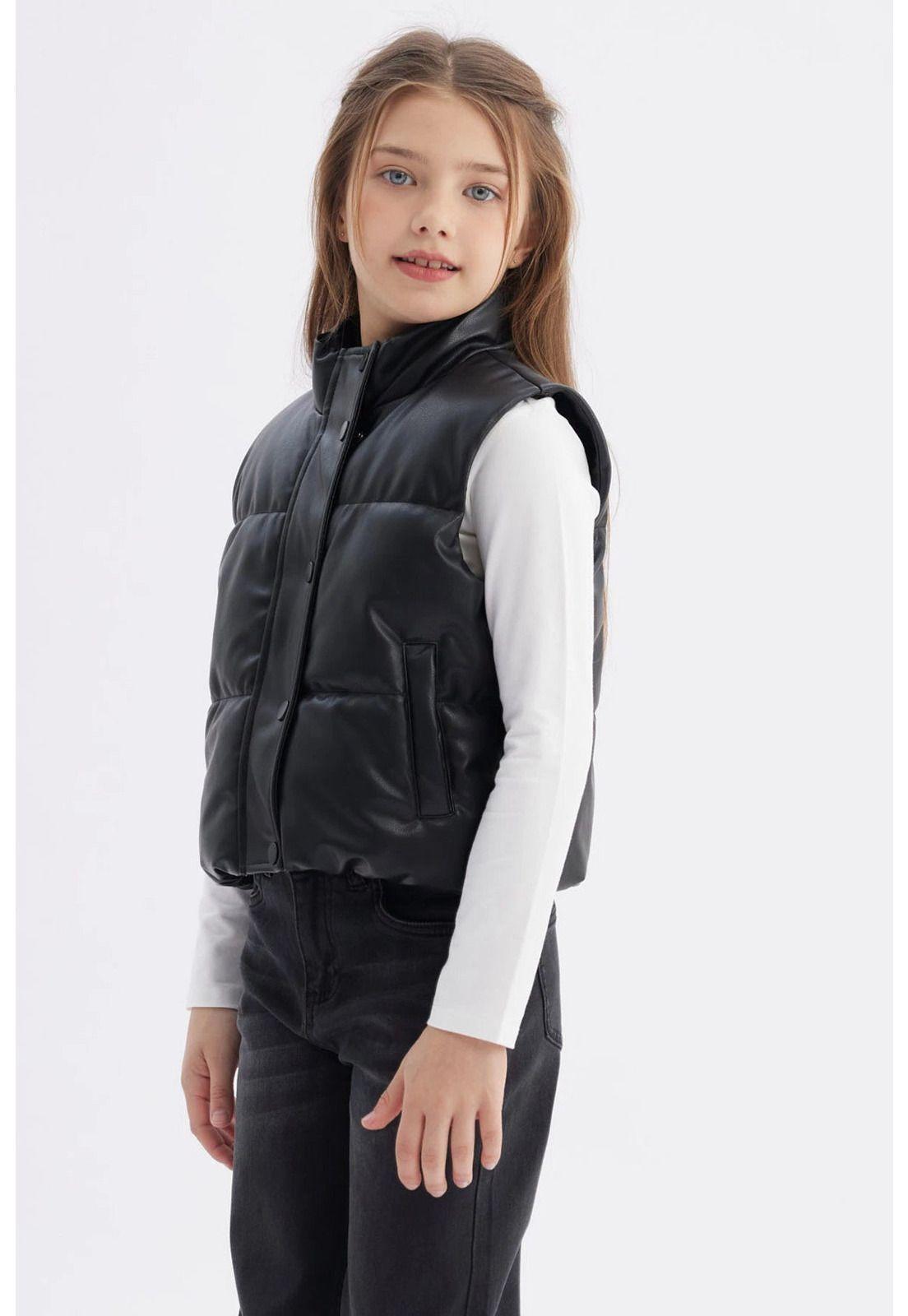 Parka Niña Efecto Cuero Negro - ll-1