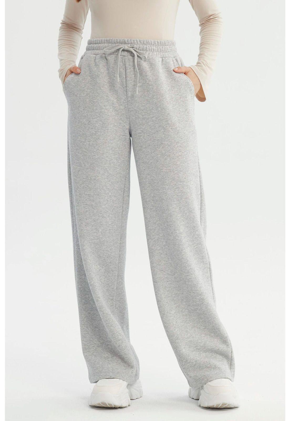 Pantalón Buzo Mujer Wide Leg Gris Melange - V-0