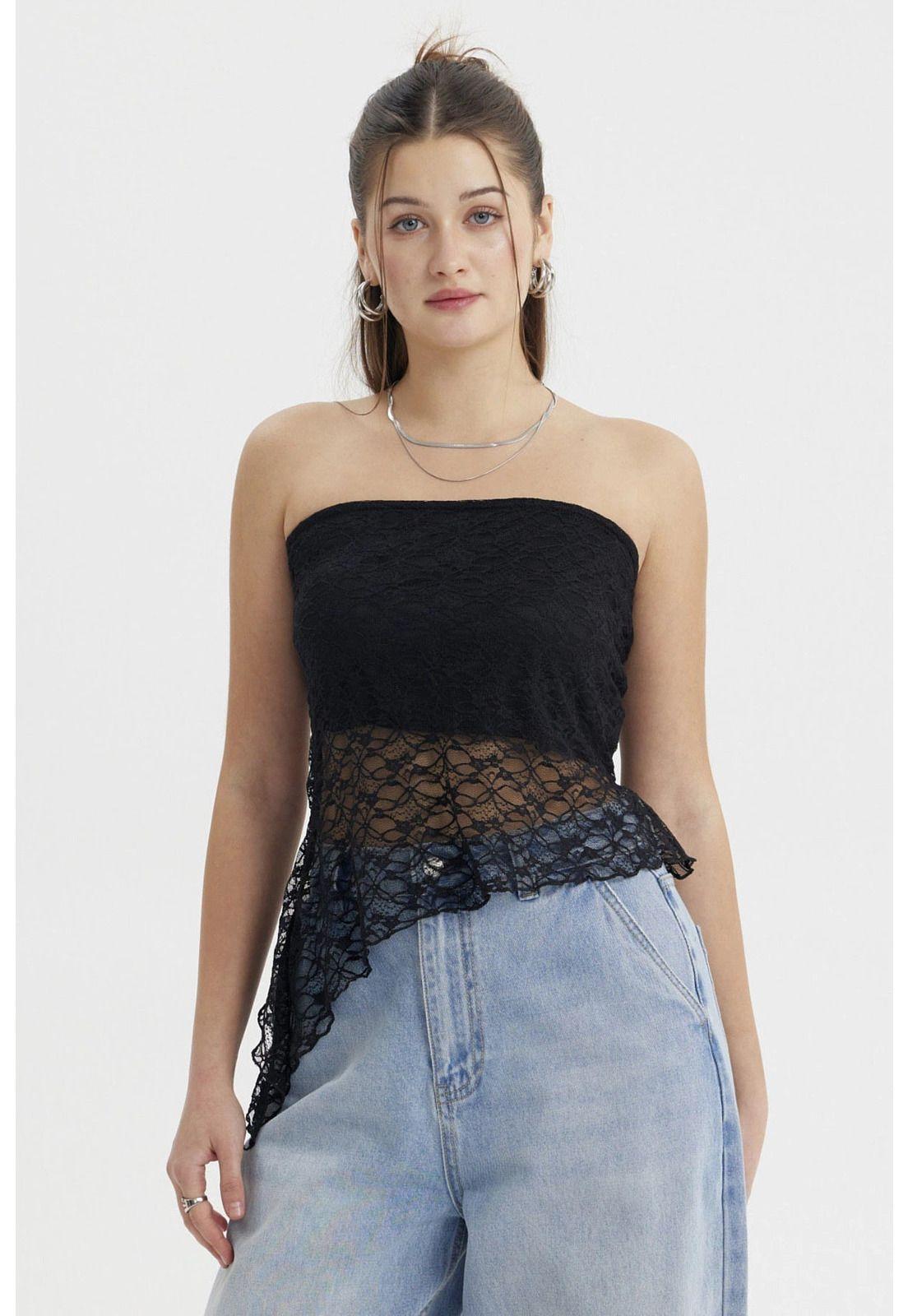 Polera Mujer Strapless Encaje Negro-0