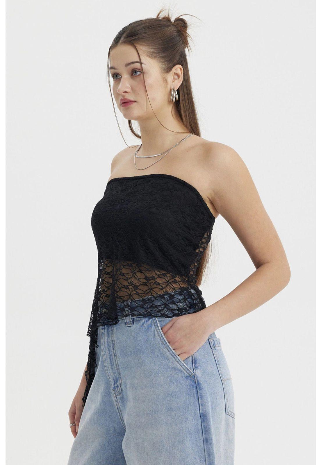 Polera Mujer Strapless Encaje Negro-1
