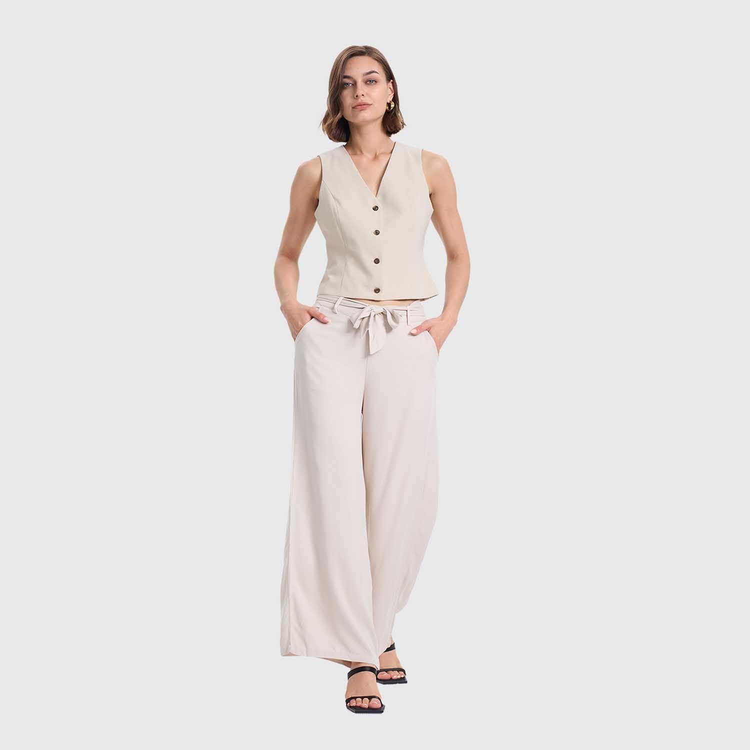 Pantalón Mujer Palazzo Liso Elasticada Crema Fashion's Park-3