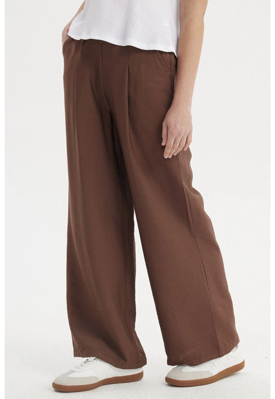 Pantalón Mujer Wide Leg Viscosa Pretina Cordón Café-1