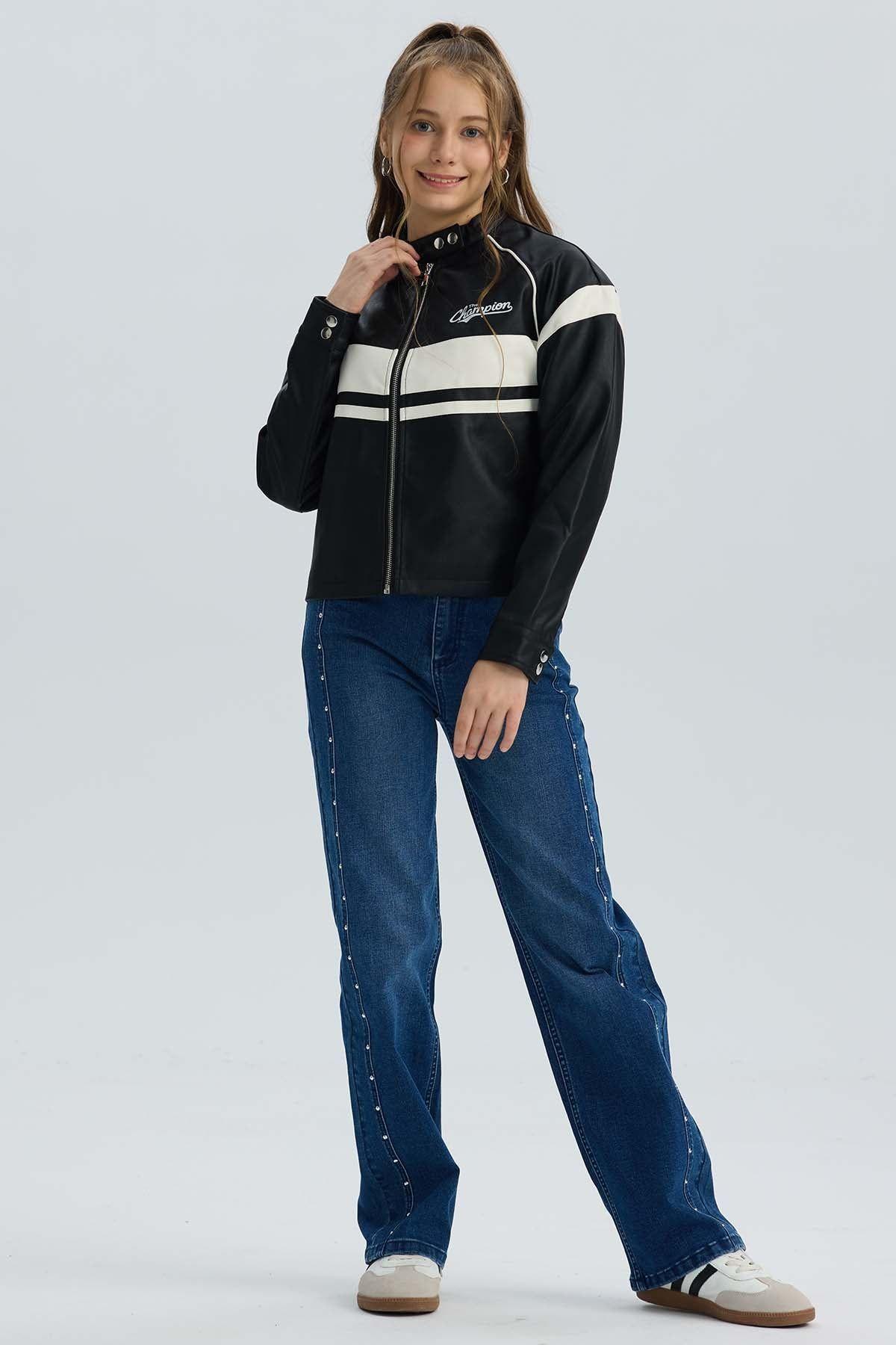 Chaqueta Niña Efecto Cuero Negro-3