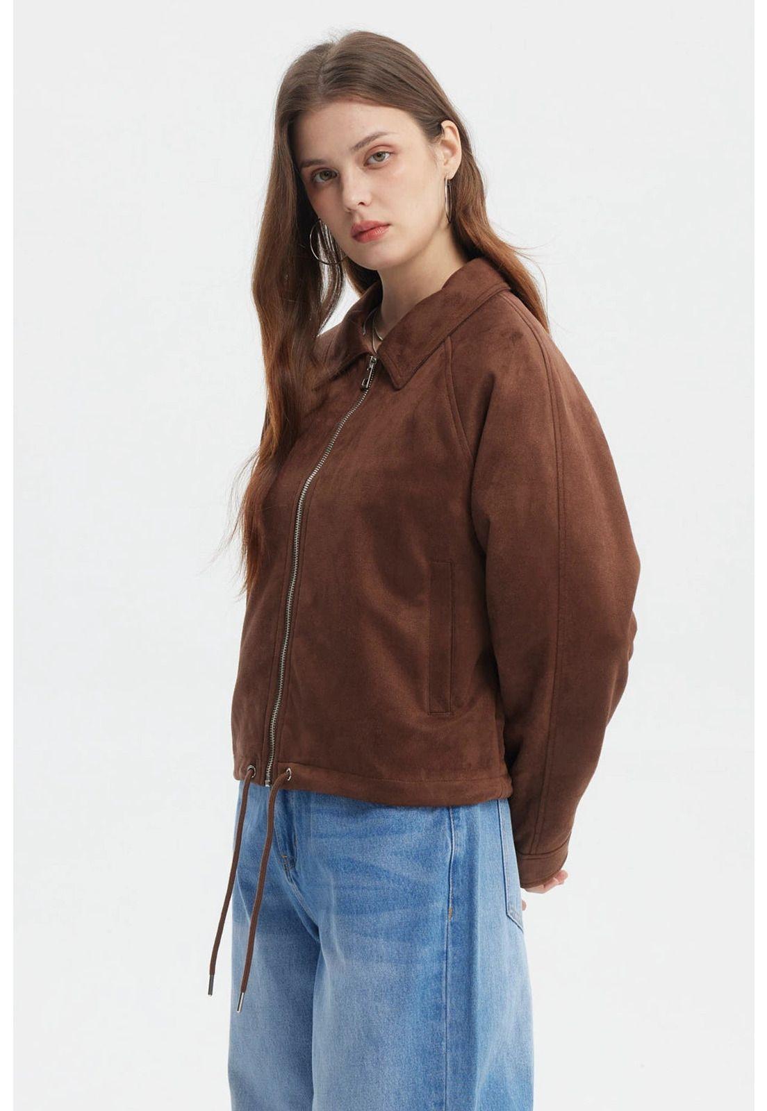 Chaqueta Mujer Slim Cuello Camisero Café Oscuro-1