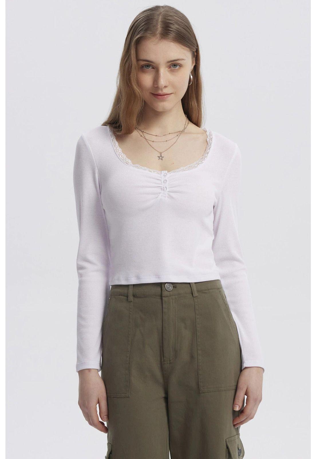 Polera Mujer Cuello V Ajustado Blanco-0