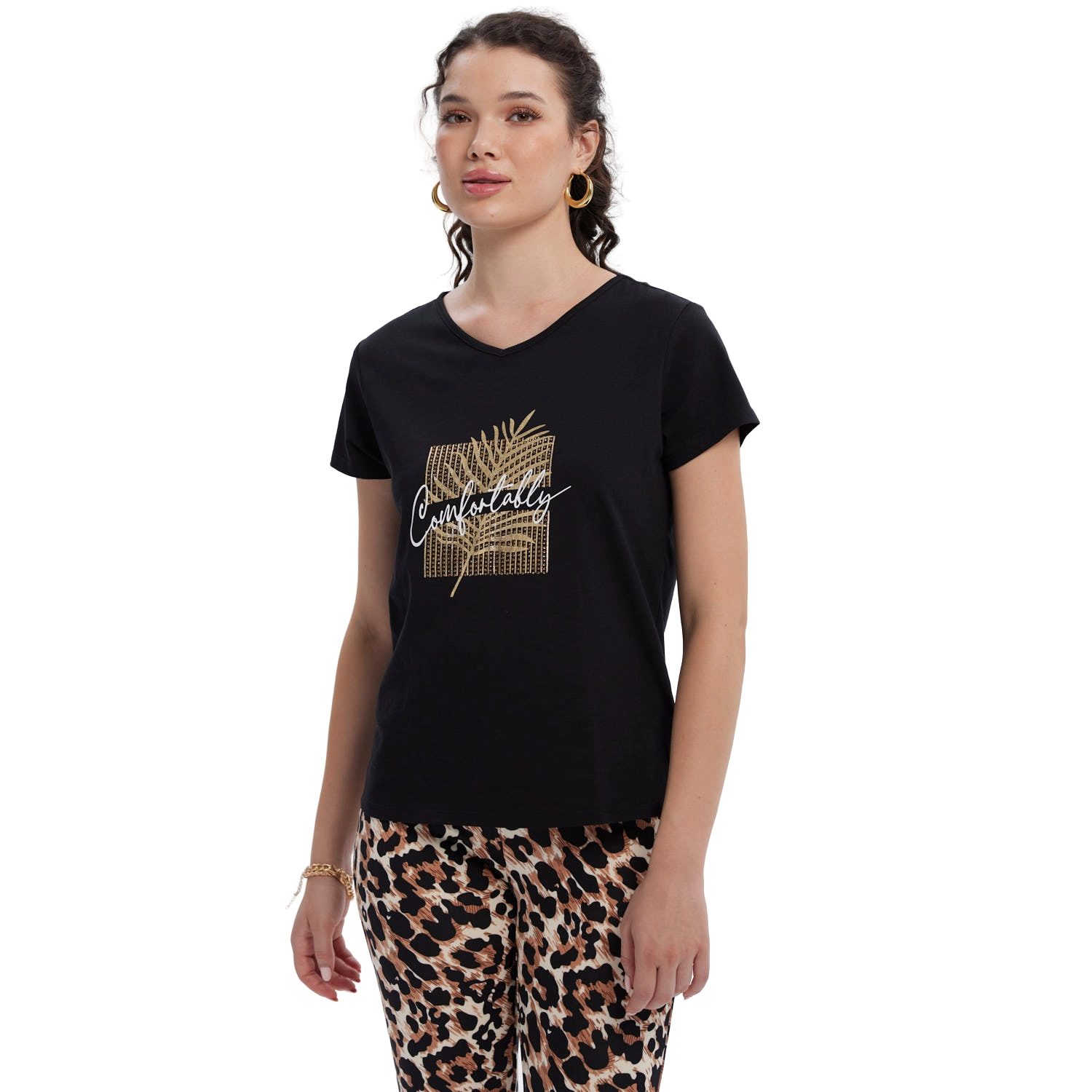 Polera Mujer Print Aplicación Folia Negro-2