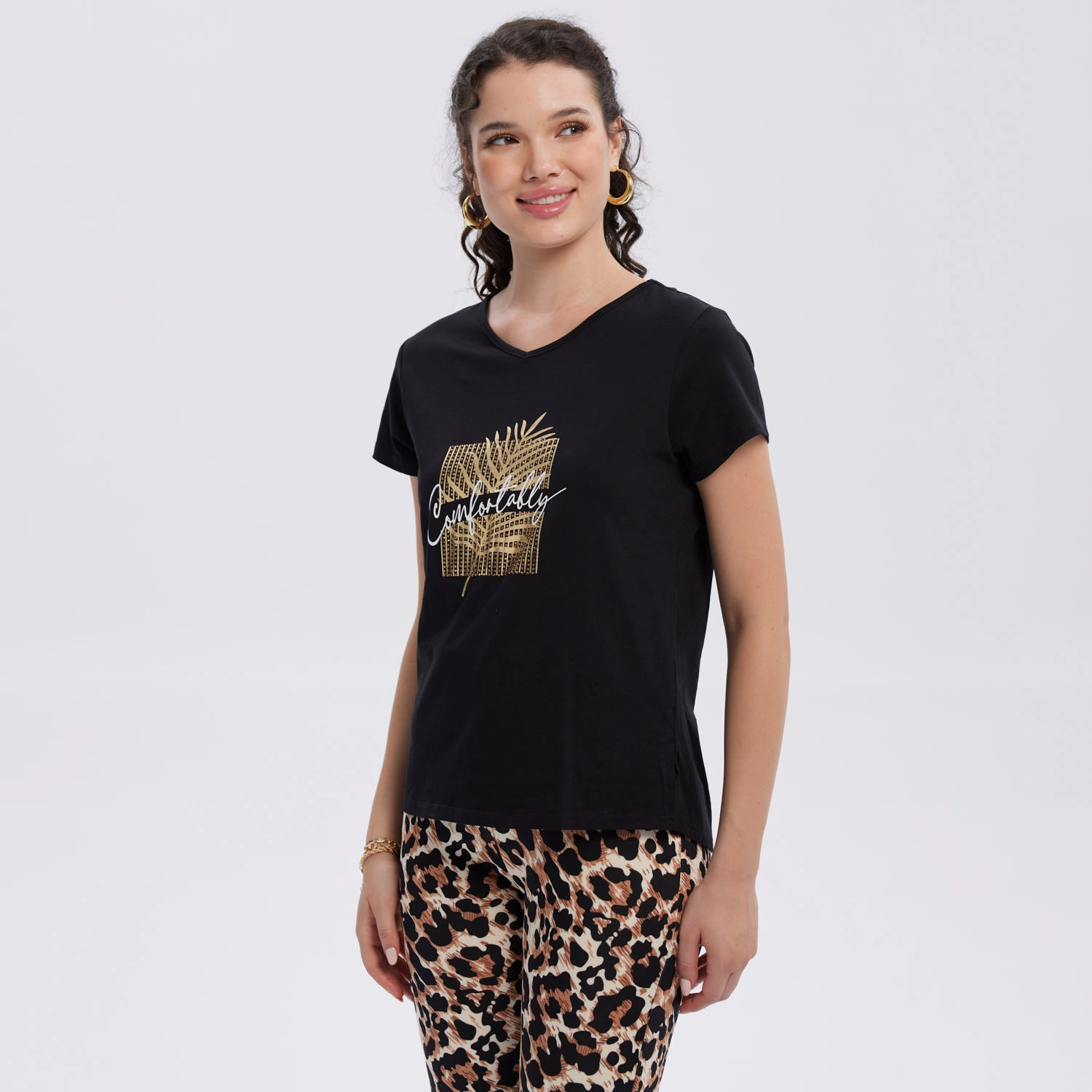 Polera Mujer Print Aplicación Folia Negro-3