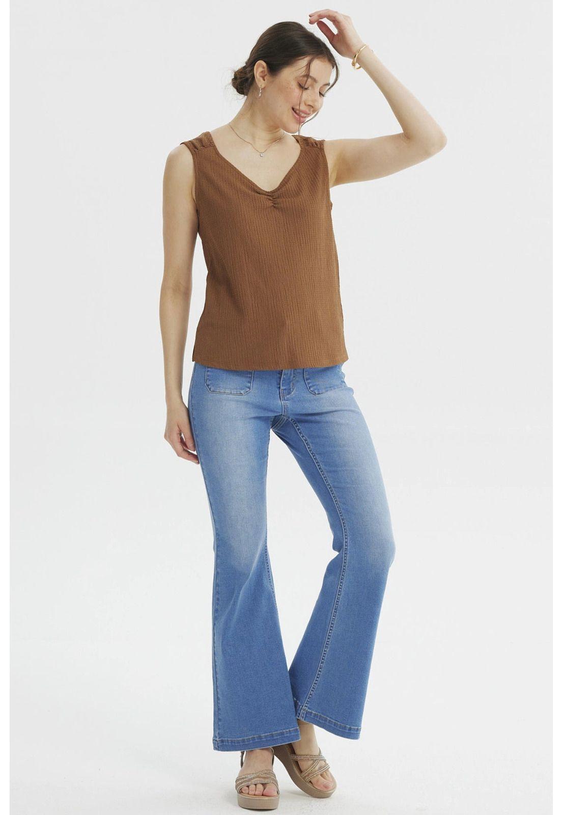 Polera Mujer Textura Recogido En Pecho Café-3