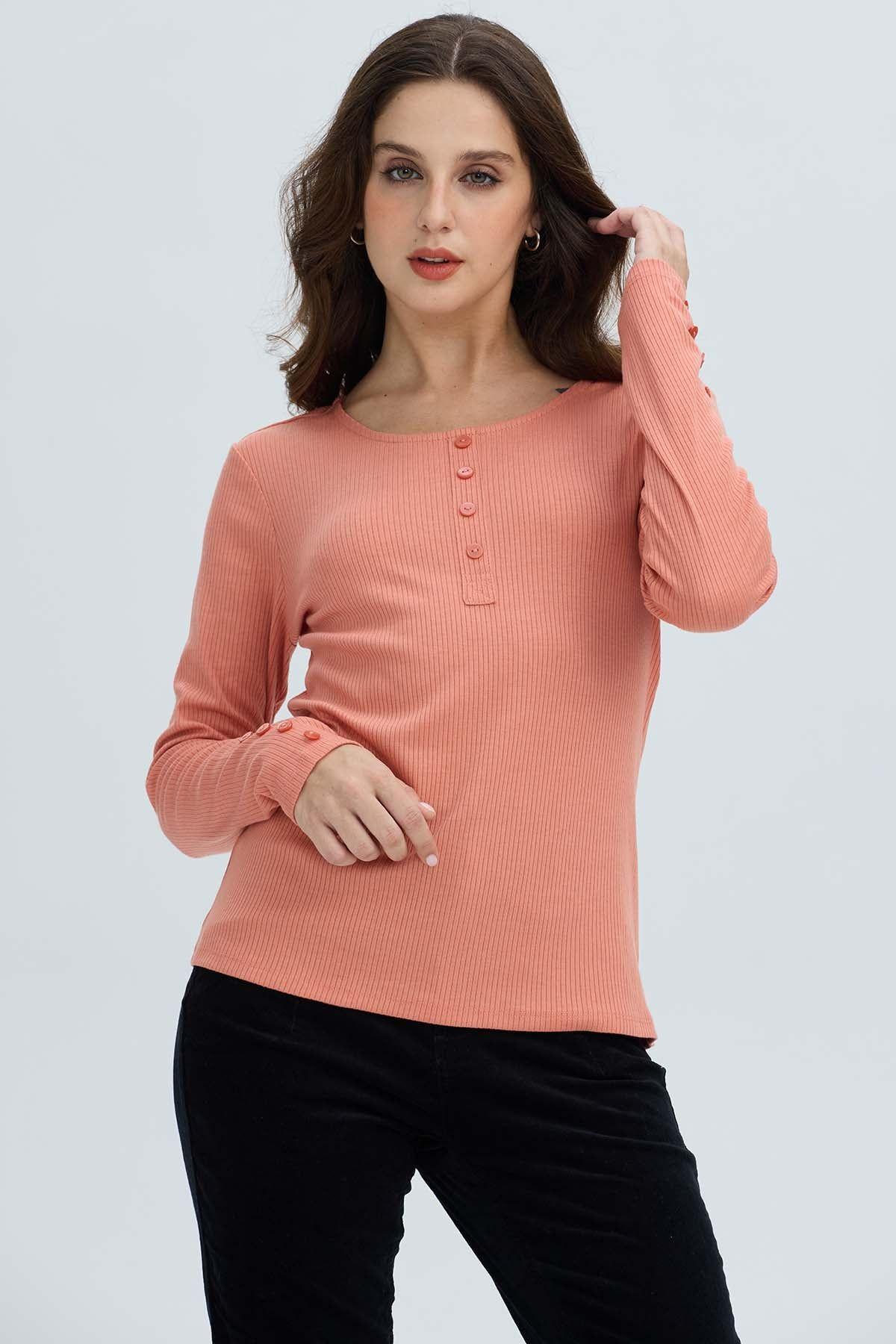Polera Mujer Botón Rib lisa Coral-0
