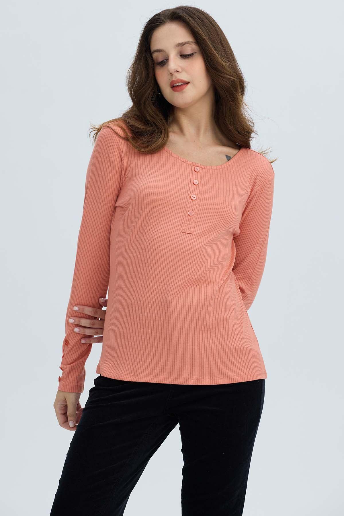 Polera Mujer Botón Rib lisa Coral-1