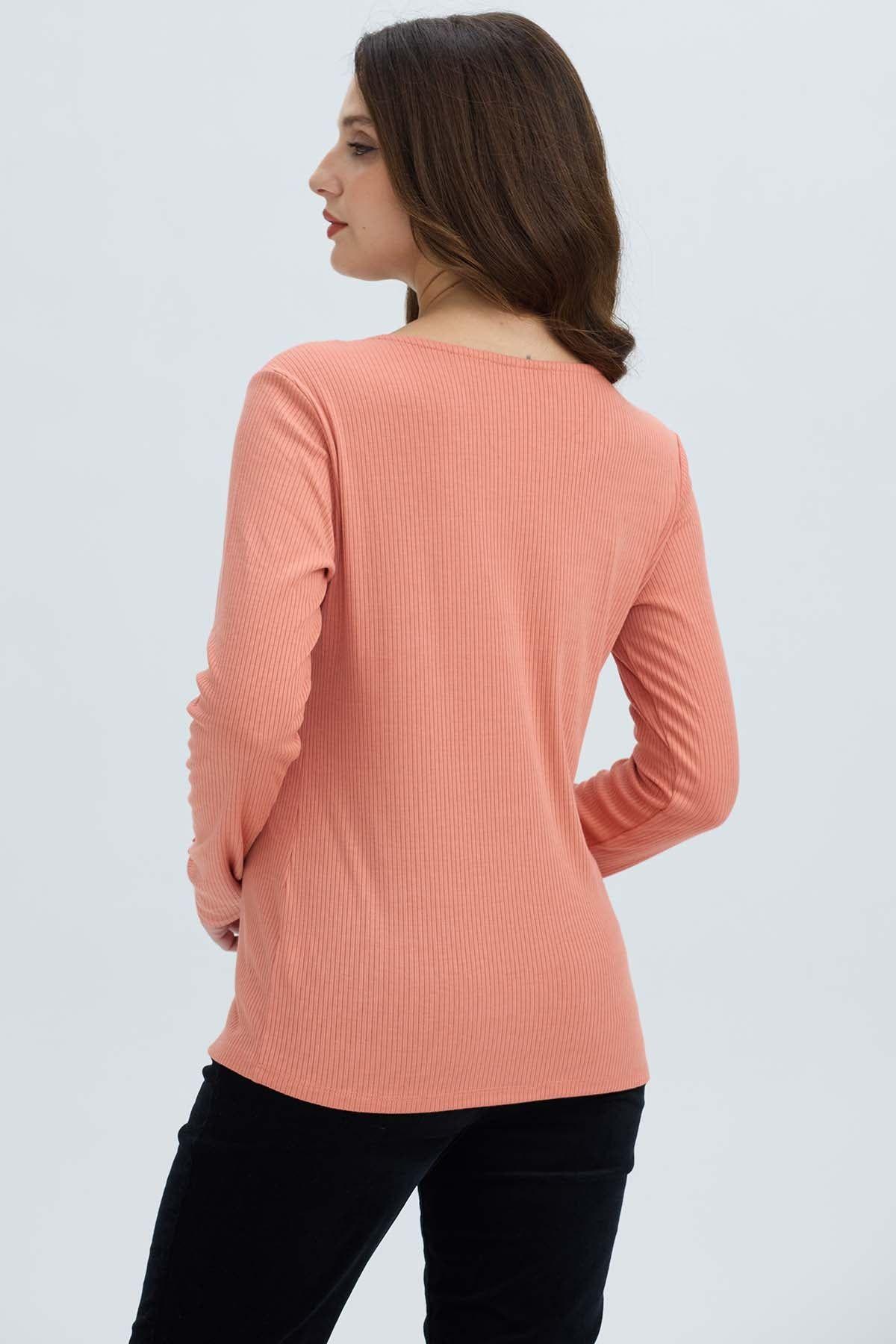 Polera Mujer Botón Rib lisa Coral-2