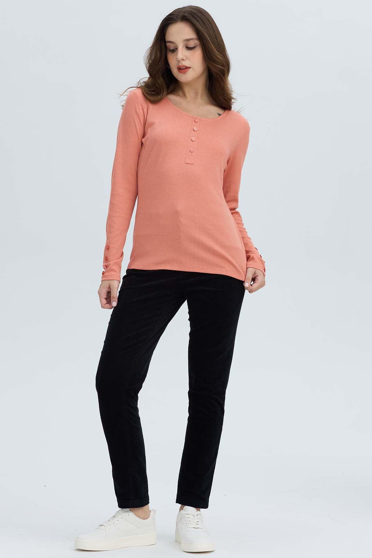 Polera Mujer Botón Rib lisa Coral-3