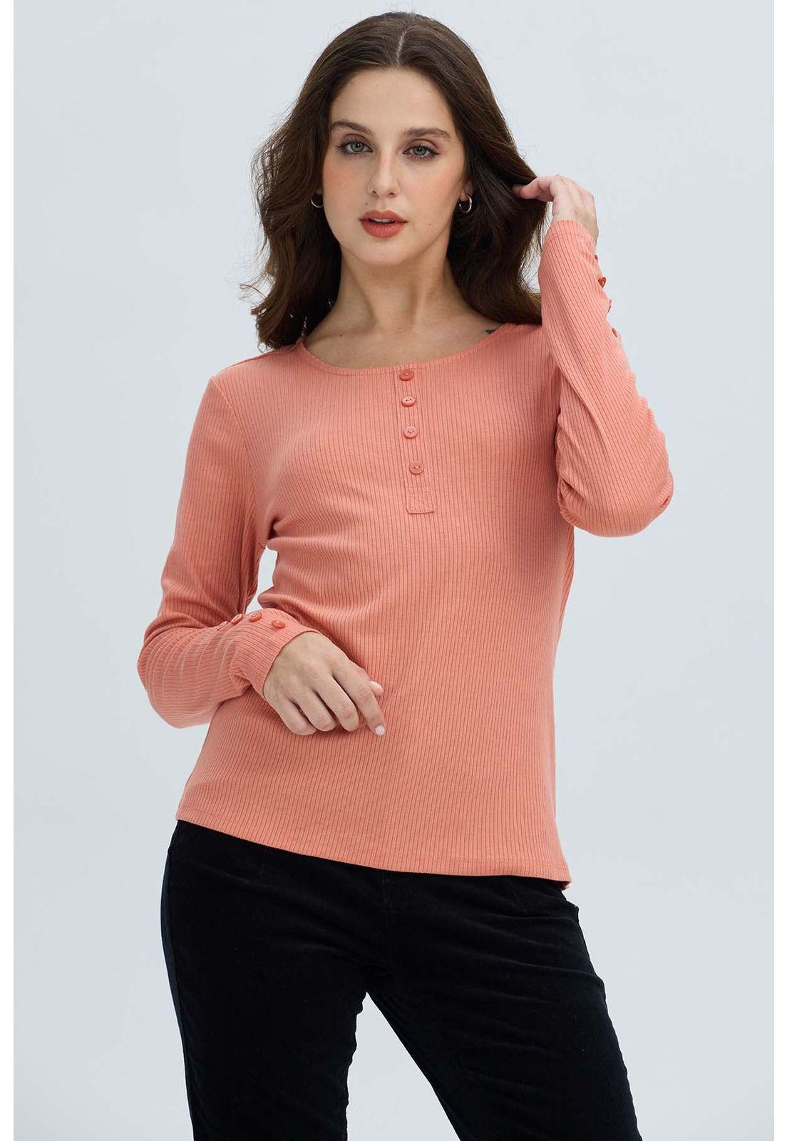 Polera Mujer Botón Rib Lisa Coral-0