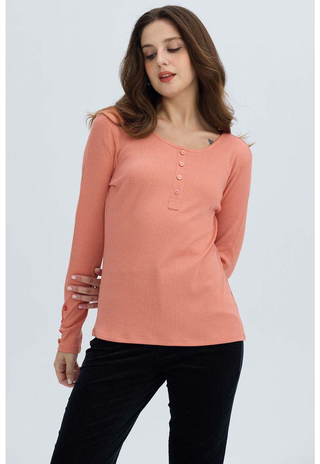 Polera Mujer Botón Rib Lisa Coral-1