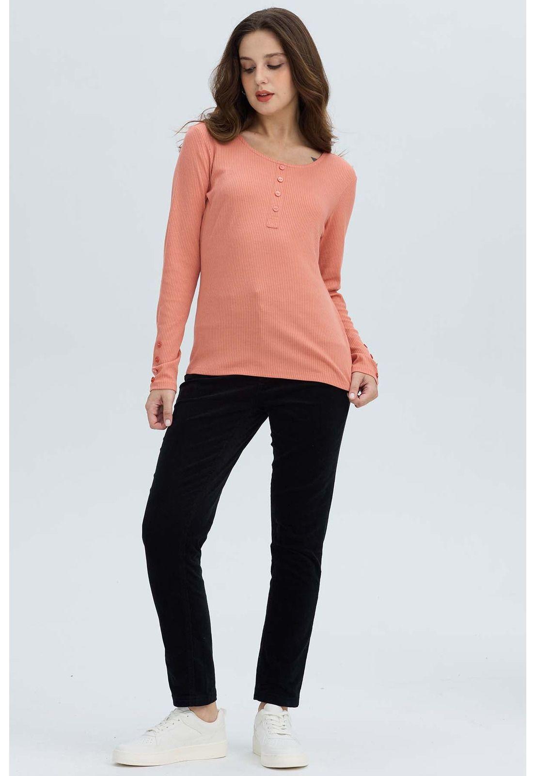 Polera Mujer Botón Rib Lisa Coral-3