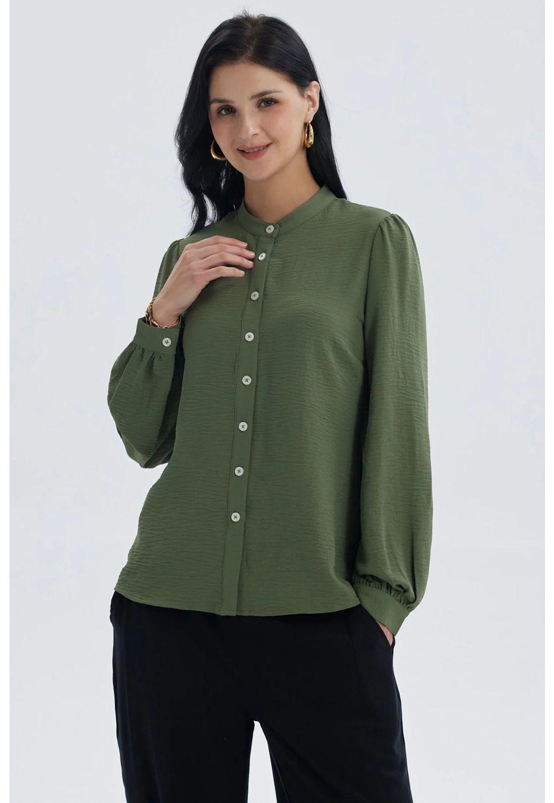 Blusa Mujer Manga Ancha Pata Botón Verde Musgo-0