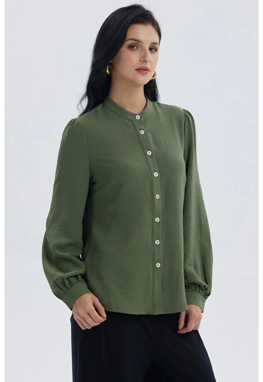 Blusa Mujer Manga Ancha Pata Botón Verde Musgo-1
