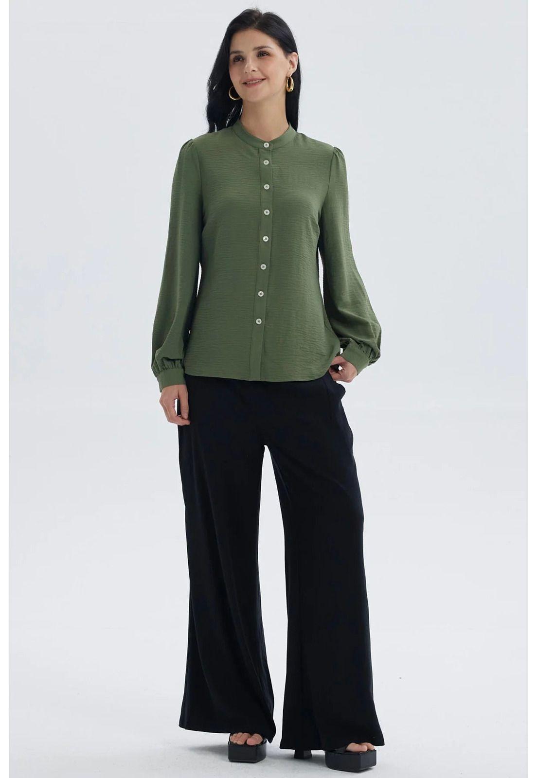Blusa Mujer Manga Ancha Pata Botón Verde Musgo-3
