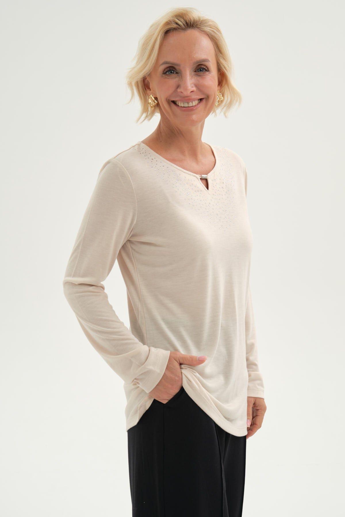 Polera Mujer Lisa Manga Roll Up Beige-1