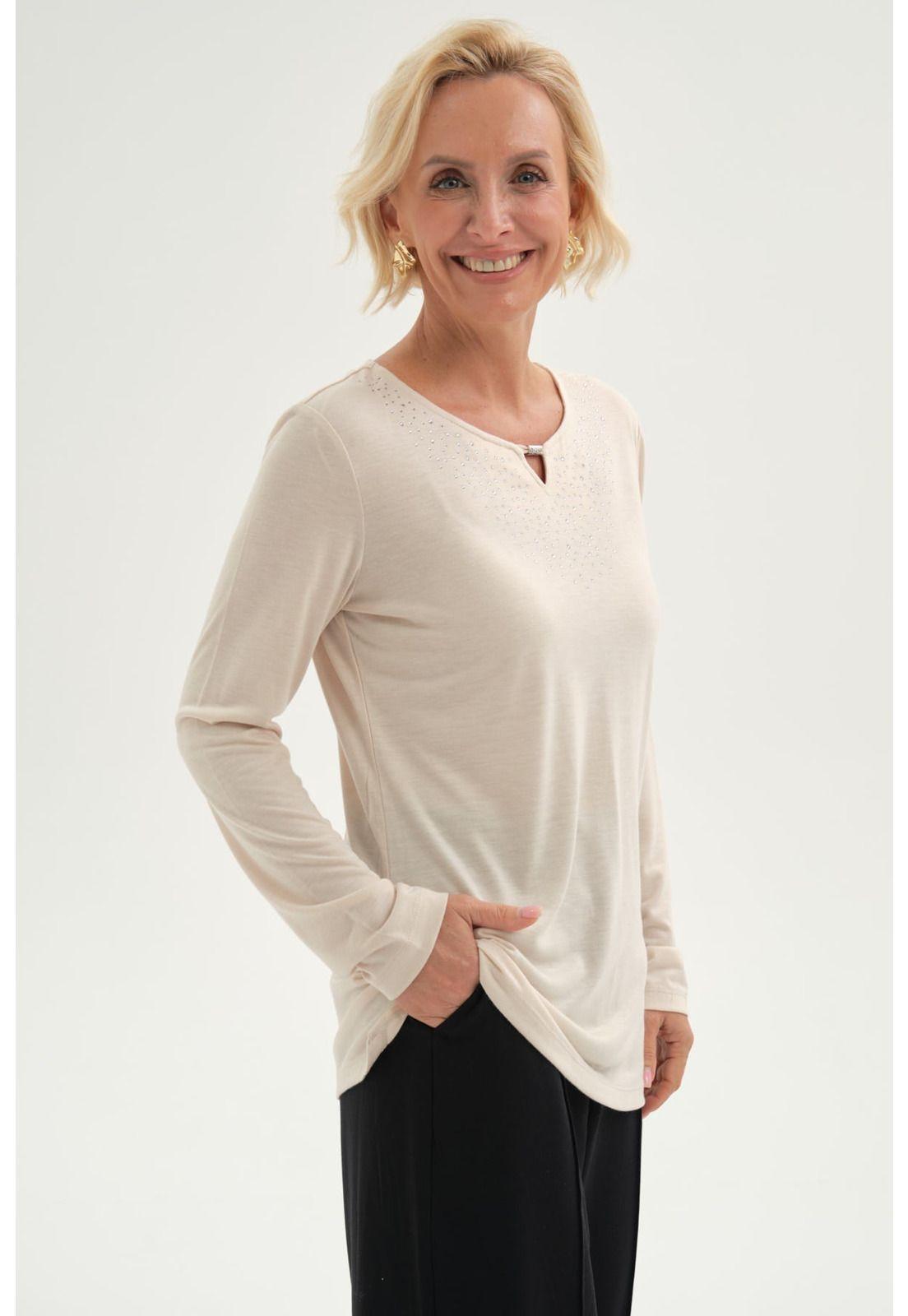 Polera Mujer Lisa Manga Roll Up Beige-1