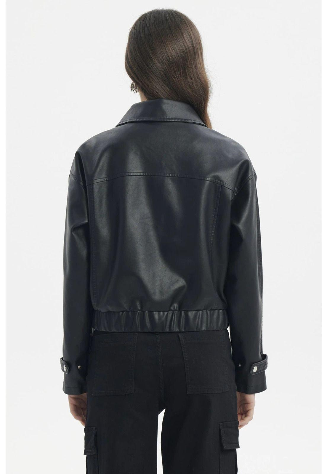 Chaqueta Mujer Bomber Efecto Cuero Negro-2