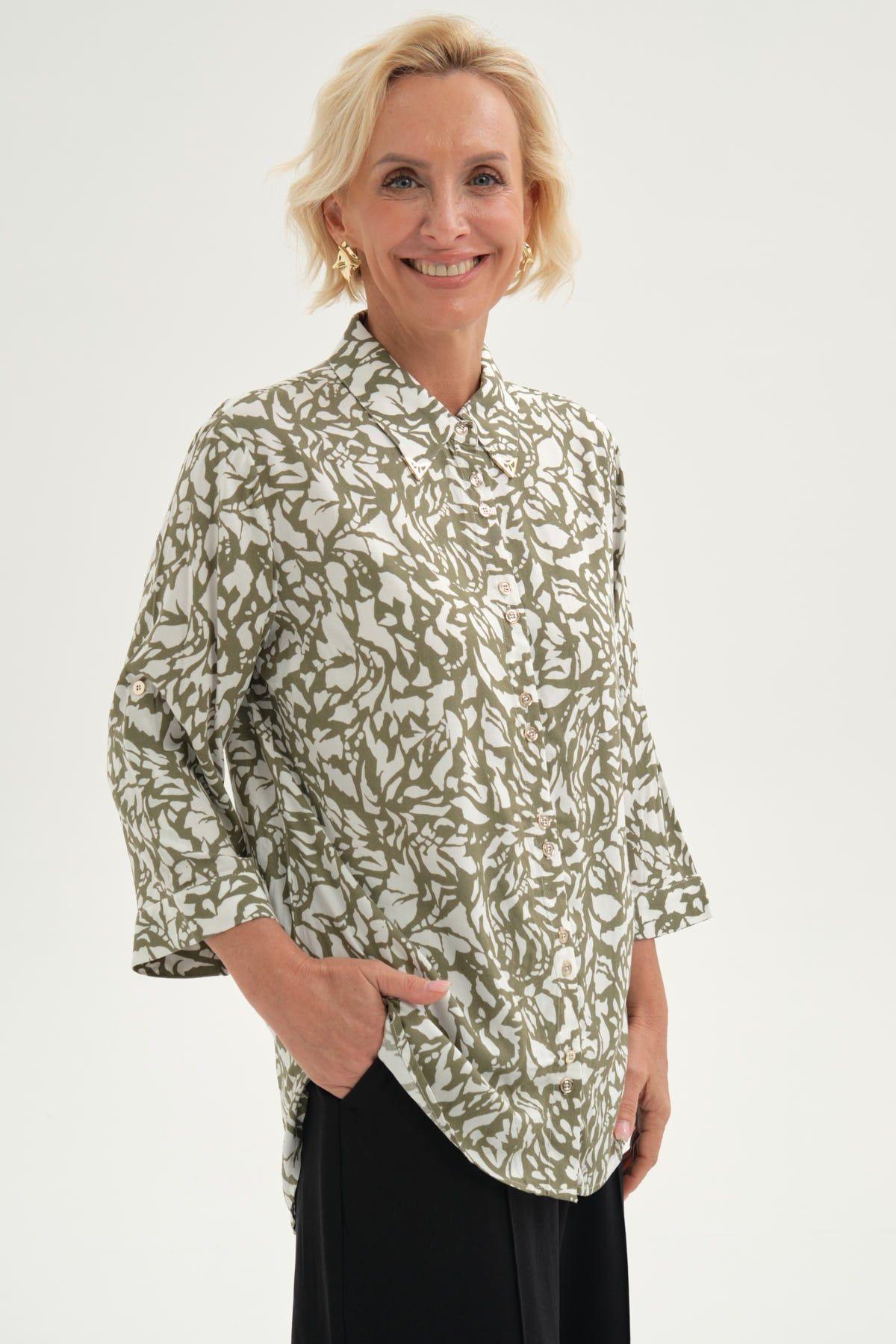 Blusa Mujer Abotonada Roll Up Verde Militar-1
