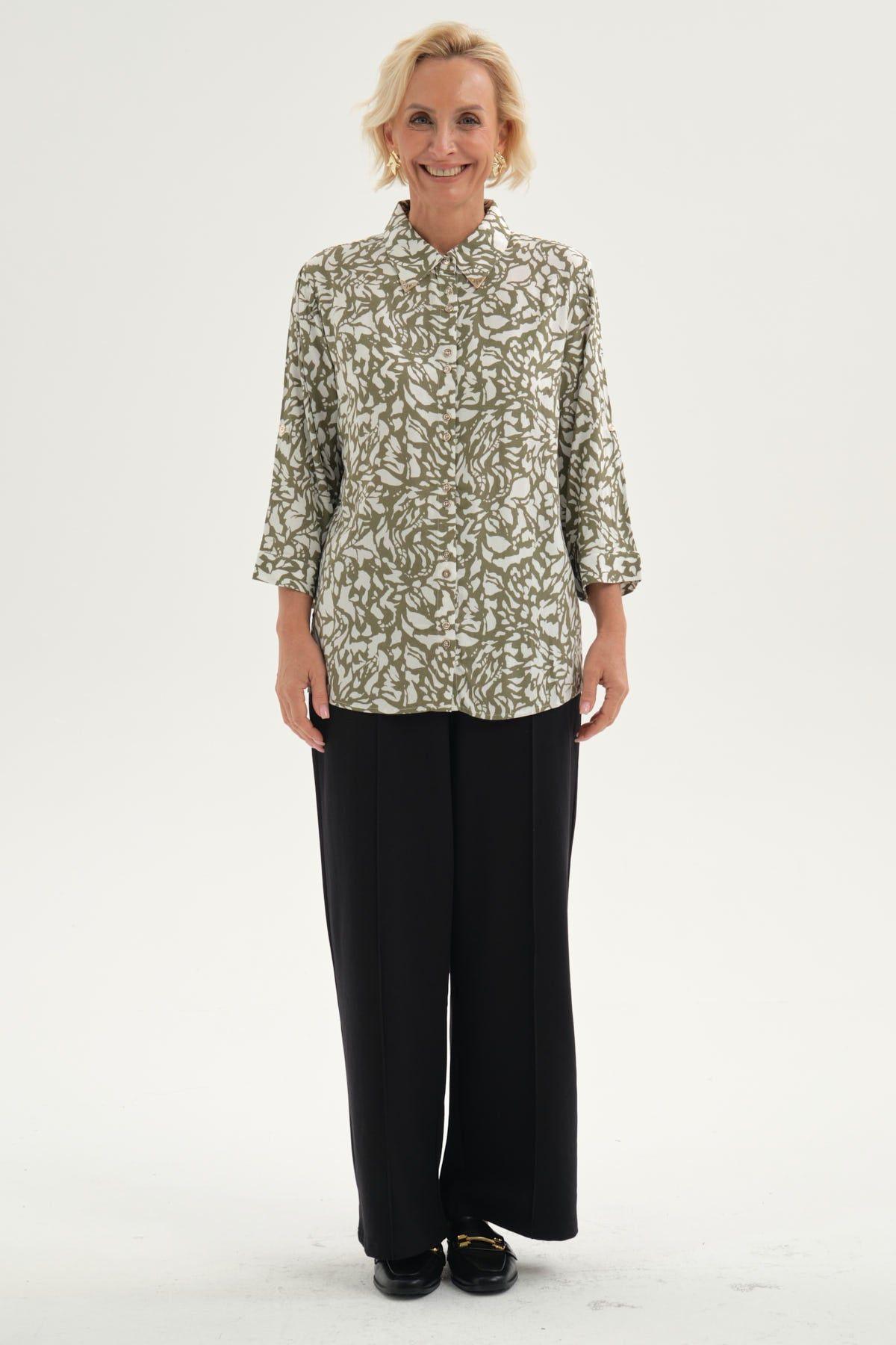 Blusa Mujer Abotonada Roll Up Verde Militar-3