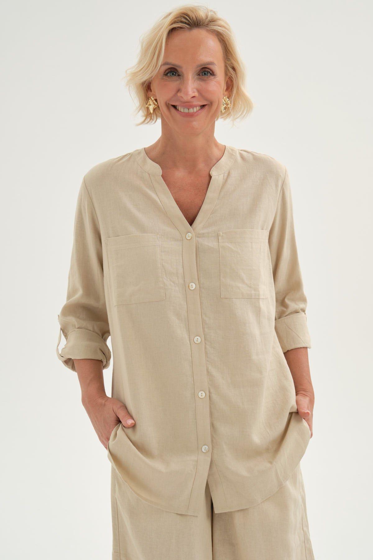 Blusa Mujer Roll Up Abotonada Beige-0