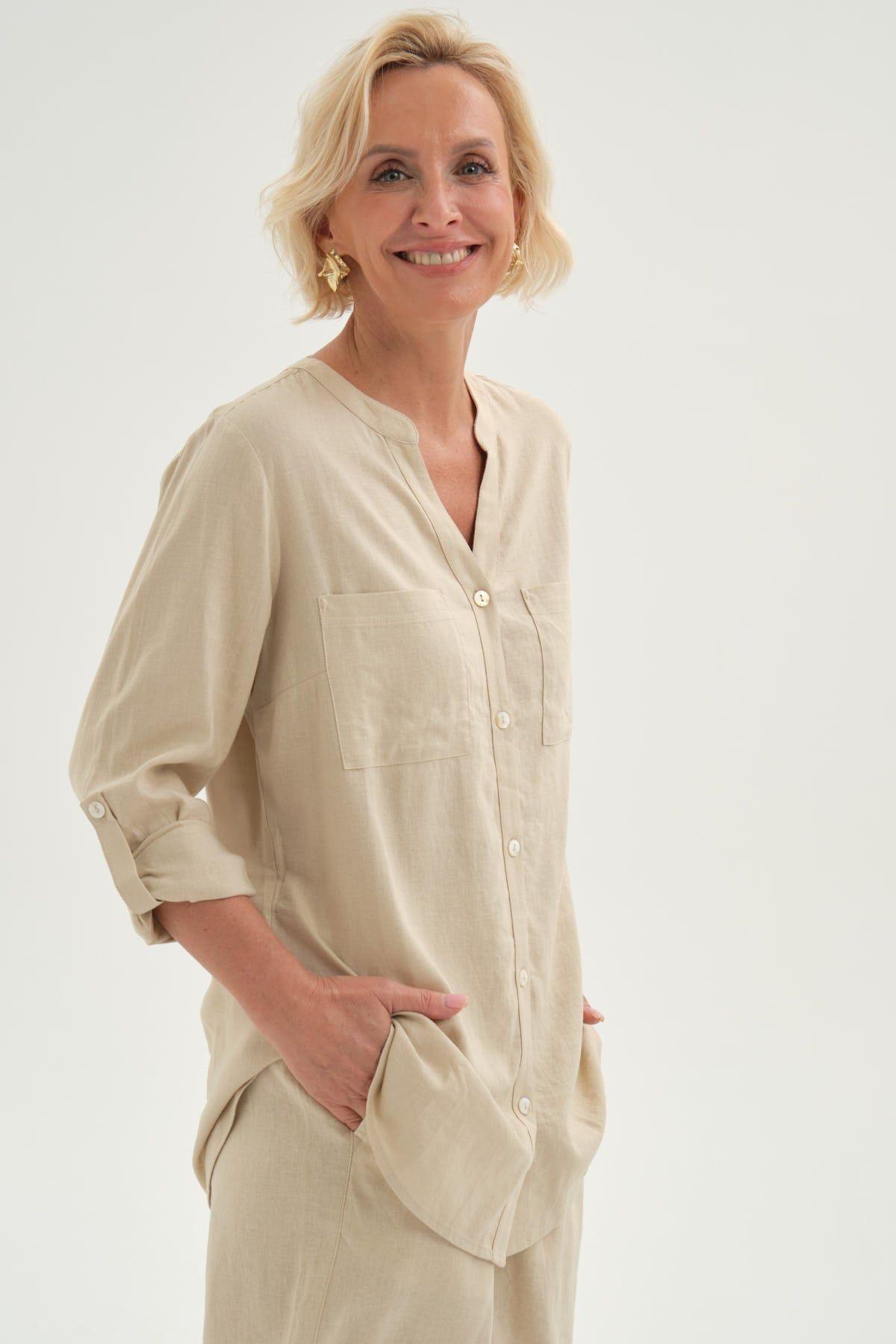 Blusa Mujer Roll Up Abotonada Beige-1