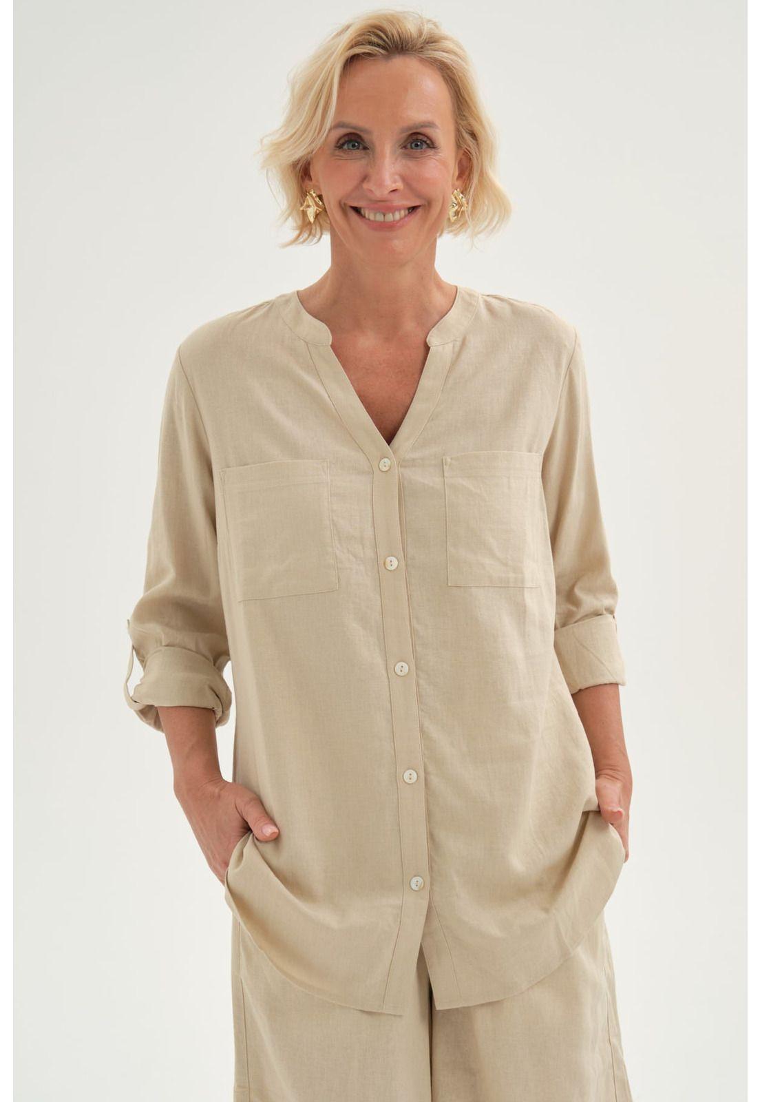 Blusa Mujer Roll Up Abotonada Beige-0