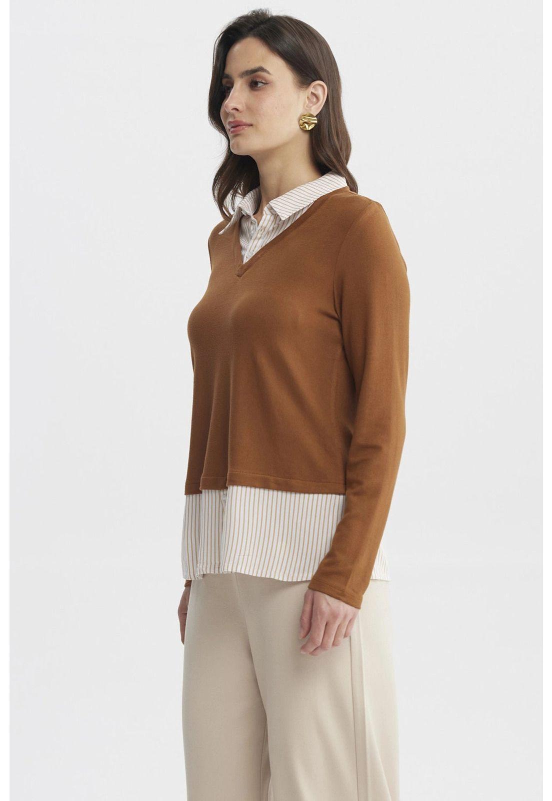 Sweater Mujer Blusa Falsa Y Faldon Camel Oscuro-1