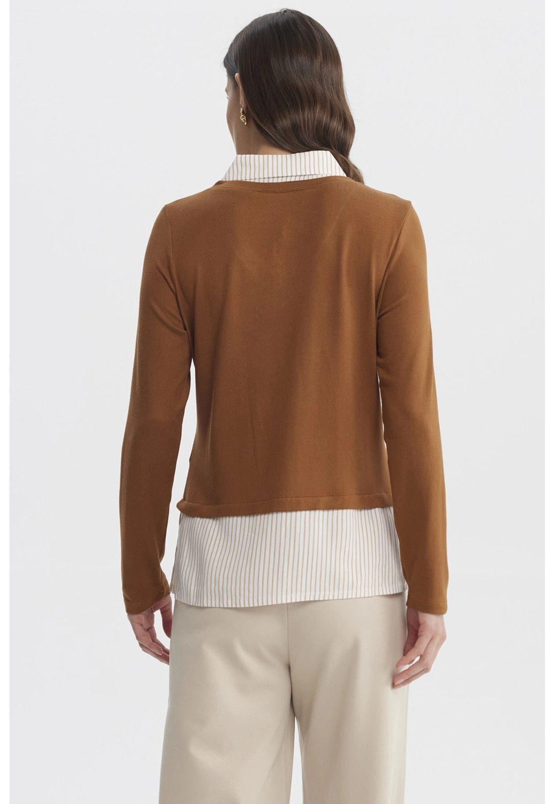 Sweater Mujer Blusa Falsa Y Faldon Camel Oscuro-2