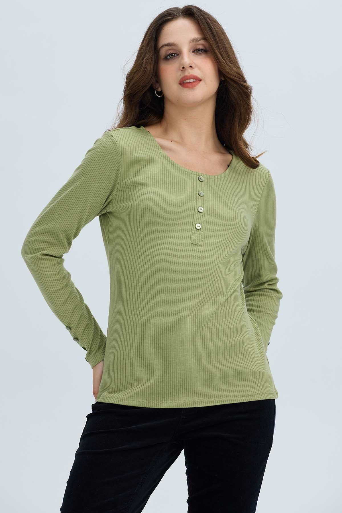 Polera Mujer Botón Rib lisa Verde Musgo-0