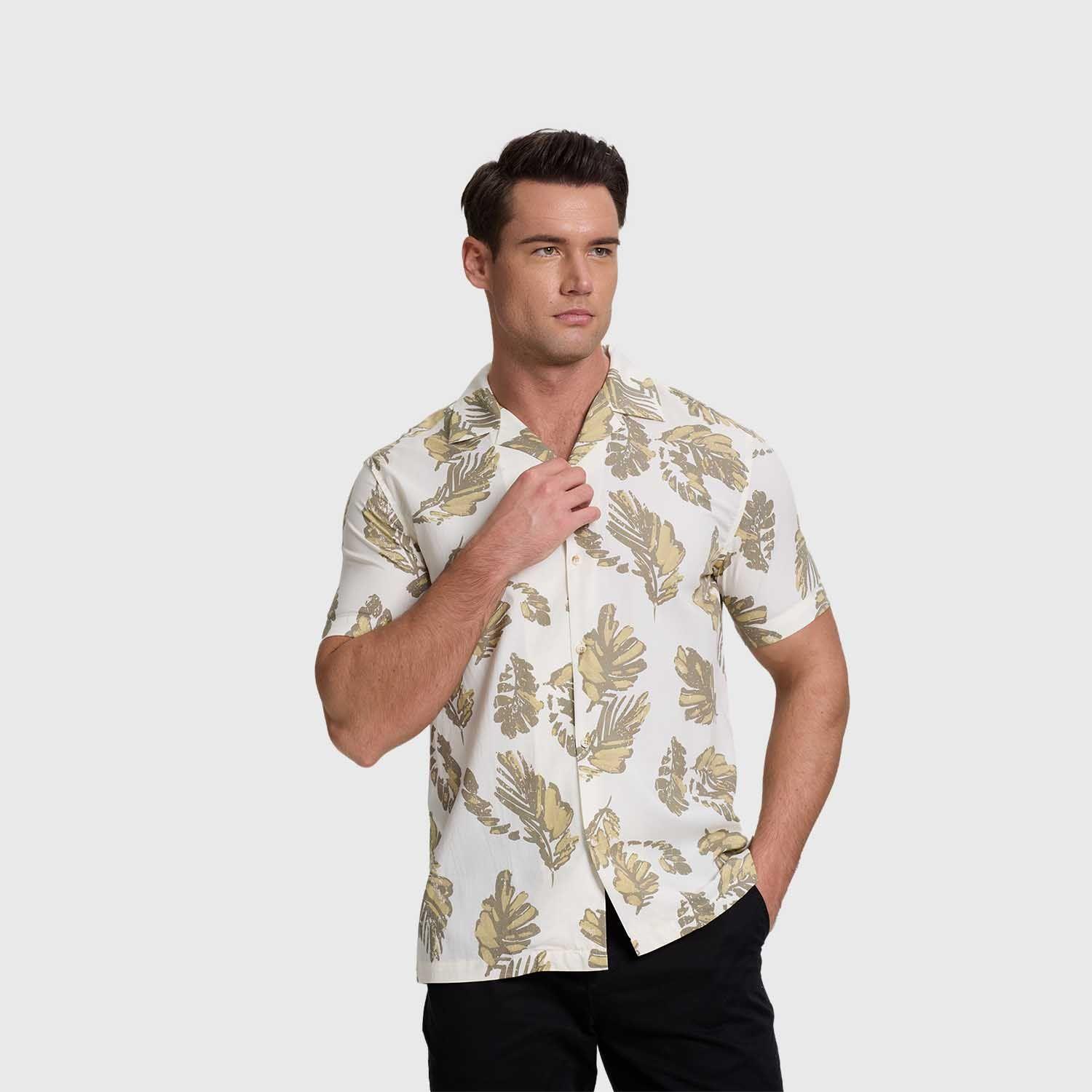 Camisa Hombre Print Hojas Blanco Fashion's Park-1